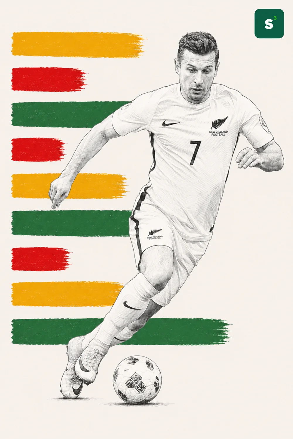 Ilustración a lápiz de Kosta Barbarouses con la camiseta de Nueva Zelanda